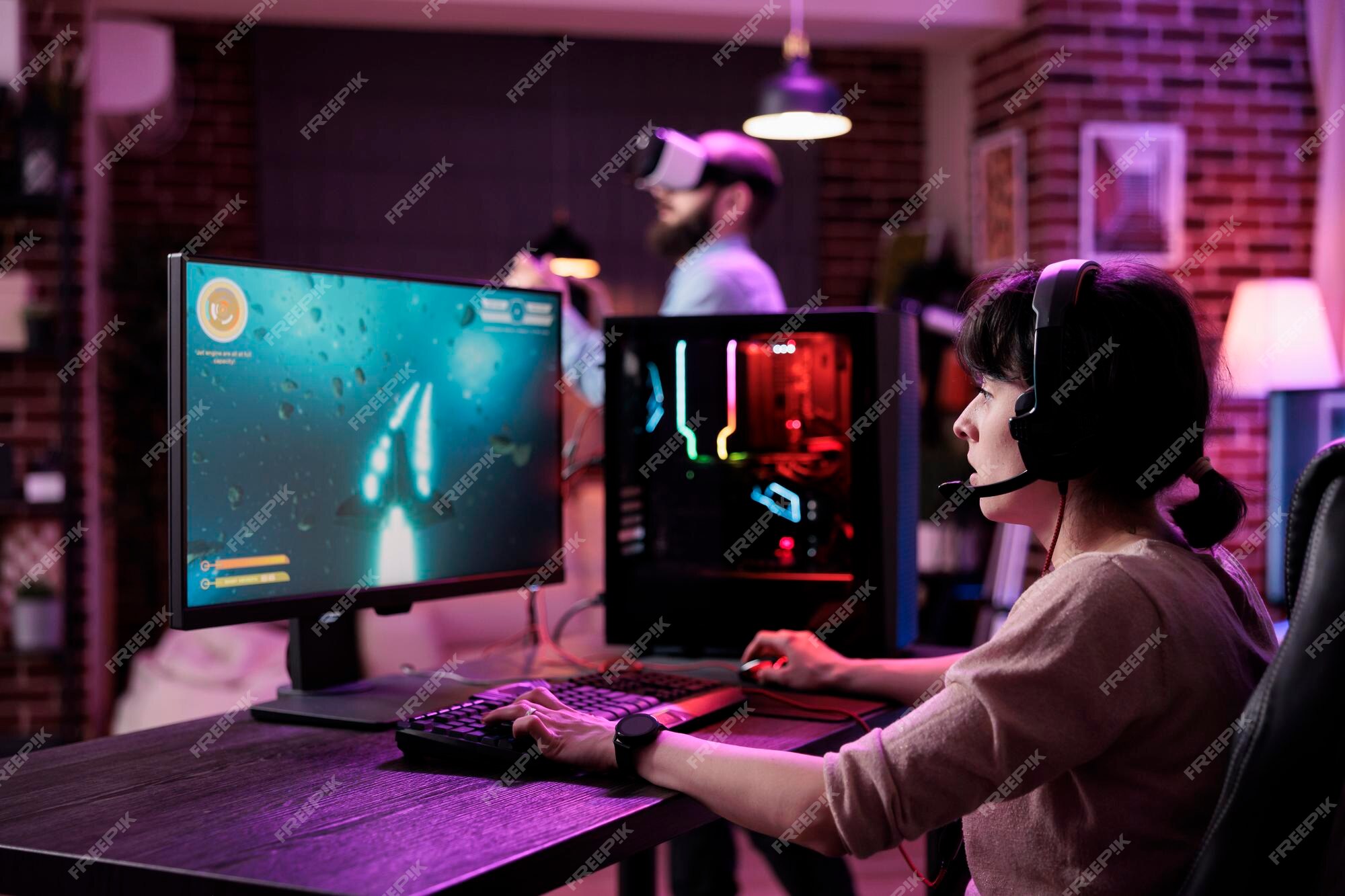 Premium Photo  Female gamer live streaming video games play on computer,  having fun with rpg tournament. young adult playing online action shooting  game with multiple players on pc, shooter challenge.