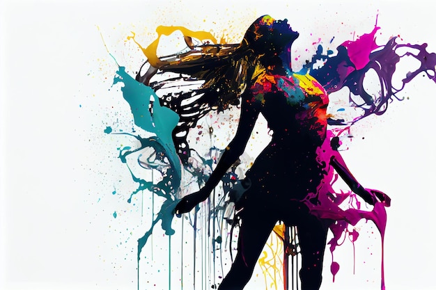 Female girl dance in abstract multicolor paint splashgenerative ai