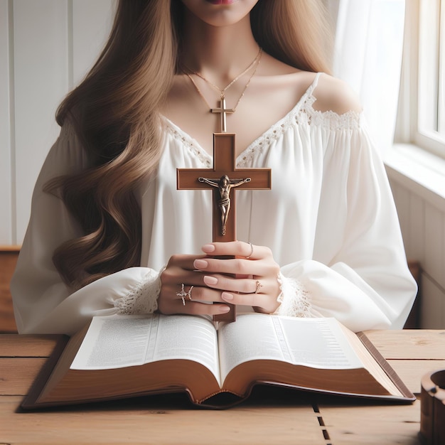 Female god believer holding wooden cross on opened holy bible book at light wooden church table