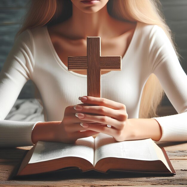 Female god believer holding wooden cross on opened holy bible book at light wooden church table