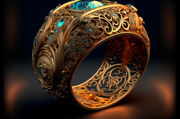 Female gold ring with stone on dark background