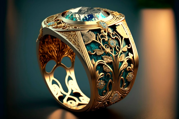 Female gold ring with stone on dark background