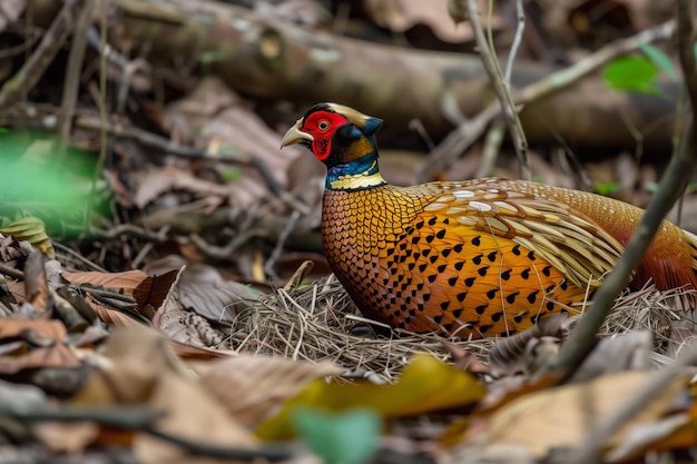 Female golden pheasant nesting on forest floor