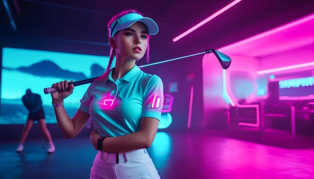 a female golfer is holding a golf club and wearing a blue shirt neon illuminated