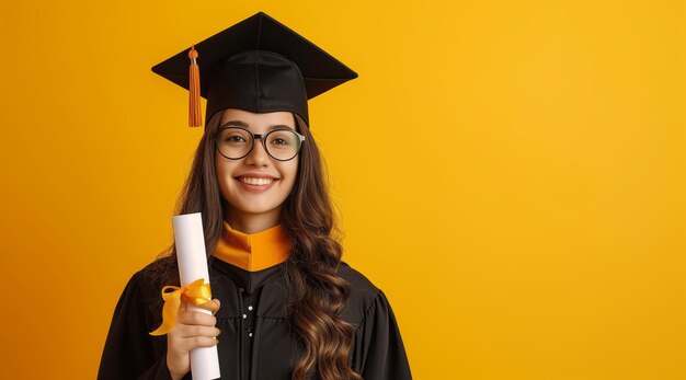 Foto la laureata in cappello e abito celebra il risultato su sfondo giallo