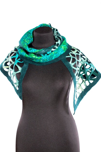 Female green scarf of felted wool on a mannequin