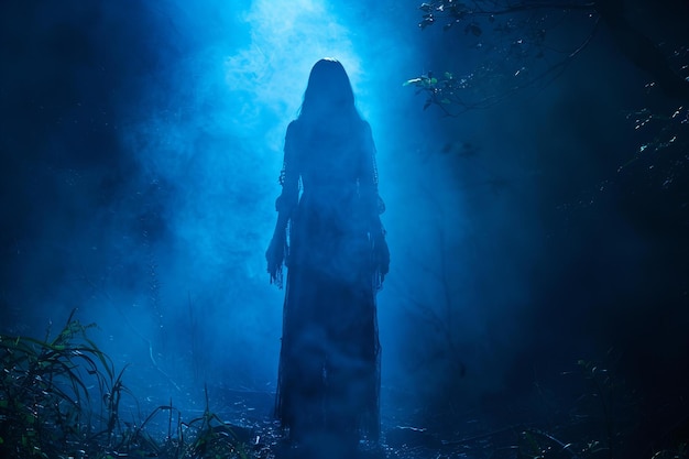 a female grim reaper standing in the dark forest with a dark blue light in a horror movie scene th