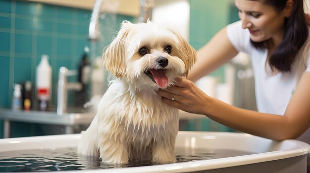 Female Groomer Washing Small White Maltese Dog in Dog Bath