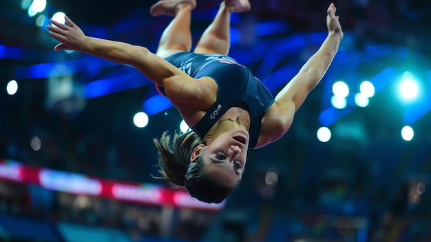 Photo female gymnast performing a backflip in midair she is wearing a blue leotard and has her arms outstretched