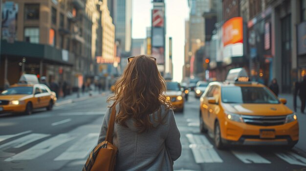 Female hailing a cab on urban sidewalk