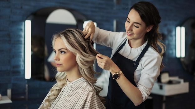 写真 美容室で金の女性のヘアスタイルを整える女性美容師