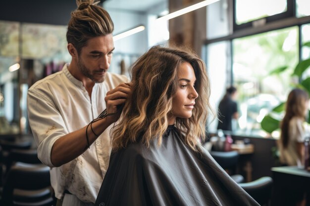 Female hairdresser standing and making hairstyle to cute lovely young woman in beauty salon