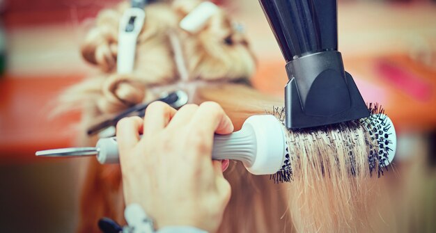 ヘアブラシとヘアドライヤーを使用した女性美容師