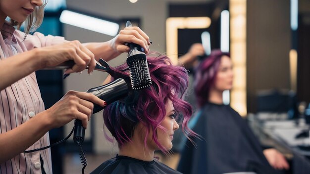 Female hairdresser using hairbrush and hair dryer