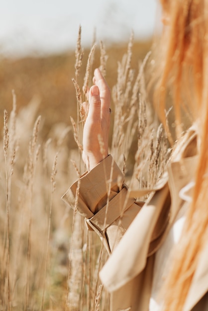 Female hand on the background of the sunbeam and autumn plants