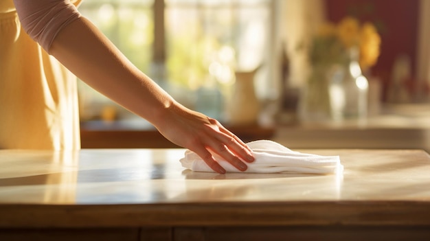 Female hand cleaning kitchen table