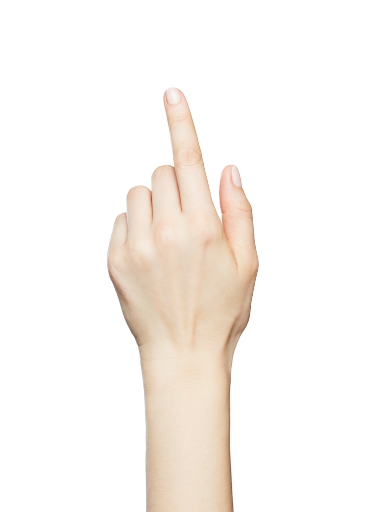 Photo female hand clicking, touching virtual screen isolated on white background.