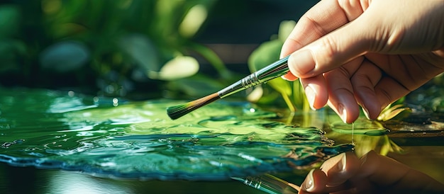 Photo female hand dipping brush into green watercolor for outdoor drawing with blurred background