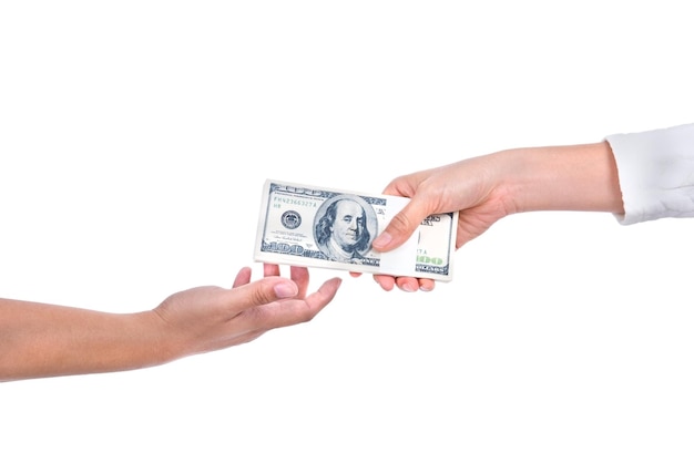 Female hand give dollar money isolate on white backgroundthis has clipping path