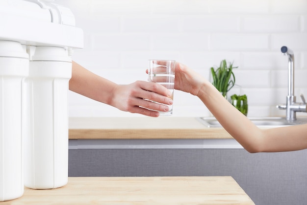 Mano femminile che dà un bicchiere di acqua pulita