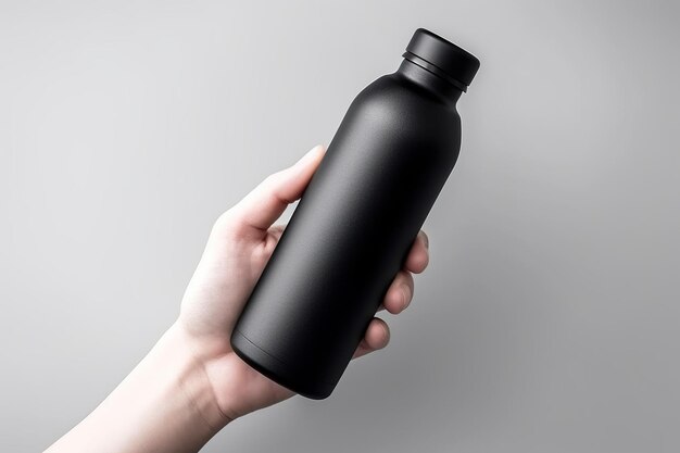 female hand holding black reusable aluminum eco thermo bottle