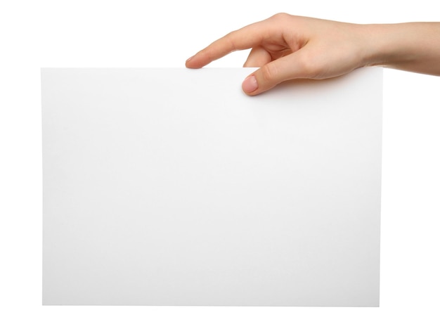 Female hand holding blank sheet of paper isolated on white