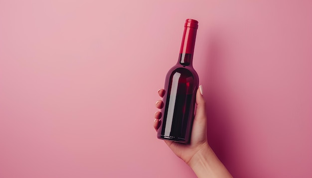 Female hand holding bottle of red wine on pink background