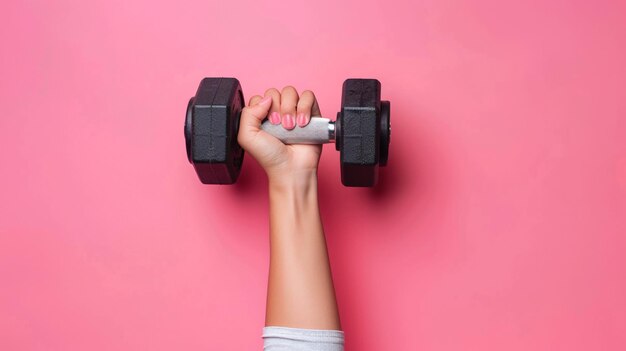 Photo female hand holding a dumbbell on a pink background top view