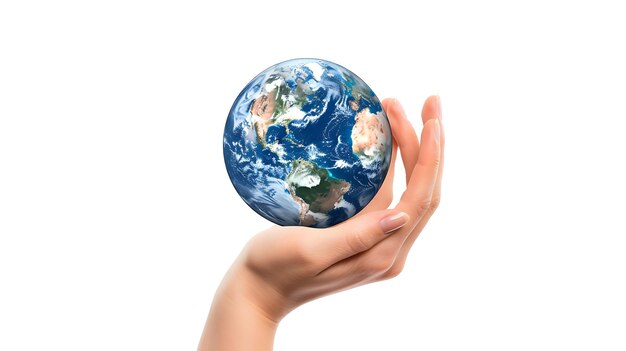 Female hand holding earth globe on white background