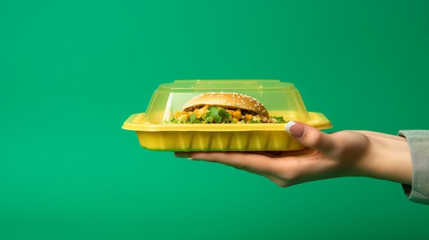 Photo female hand holding food container for takeaway burger on green background