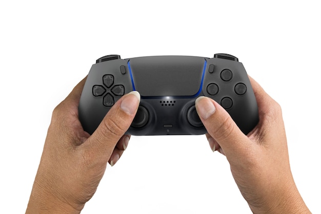 Female hand holding a Next Generation black game controller isolated on white background.