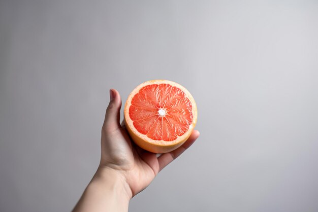 Female hand holding a half of a grapefruit on a gray background Generative AI