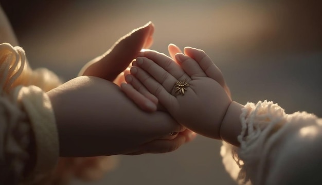 Foto mano femminile che tiene la mano del suo neonato ia generativa