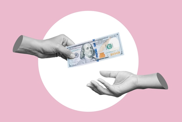 Female hand holding hundred-dollar cash bill passing it on to another person on a pink background