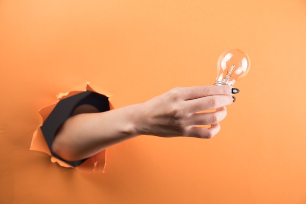 Female hand holding a light bulb on an orange background