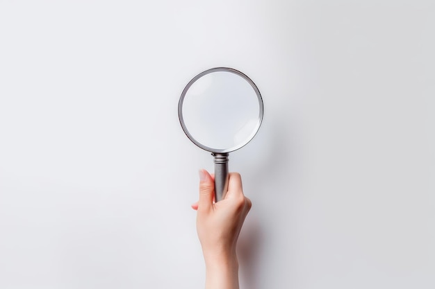 A female hand holding a magnifying glass isolated on a white background Generative AI