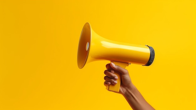 Female hand holding megaphone on yellow background closeup space for text