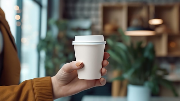 Female hand holding a paper cup of coffee Closeup