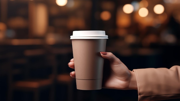 Female hand holding a paper cup of coffee Closeup