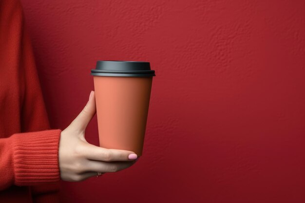 Female hand holding a paper cup of coffee on a red background