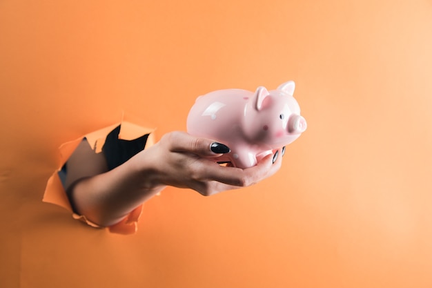 Female hand holding a piggy bank on an orange background