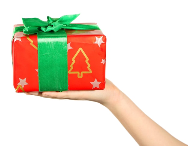 Photo female hand holding present box with ribbon on light background