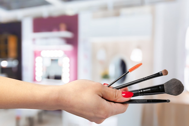 Female hand holding a professional makeup brush