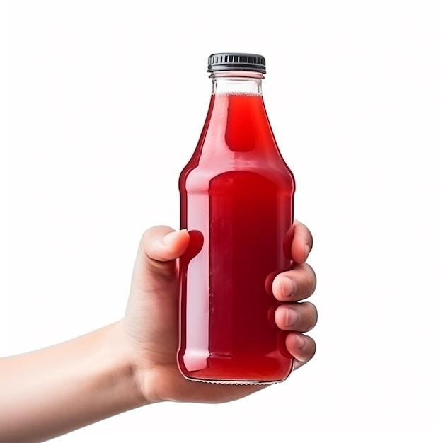 female hand holding Red energy with water drops bottle