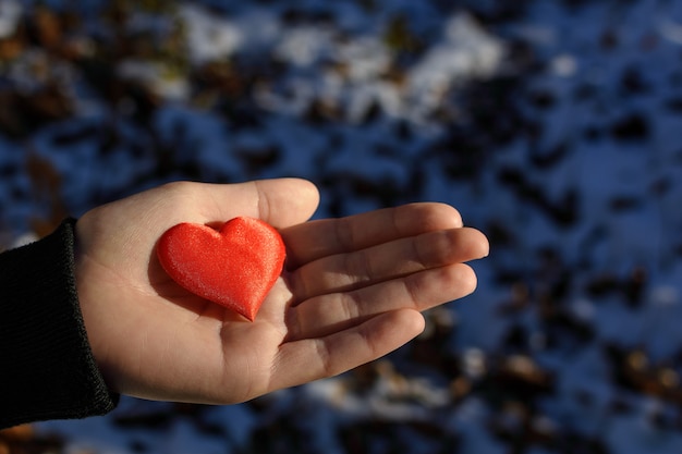 Female hand holding red heart in winter sunny day