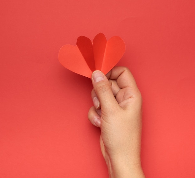 Female hand holding red paper hearts