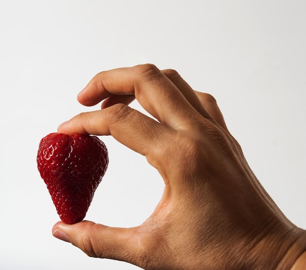 Female hand holding a single strawberry
