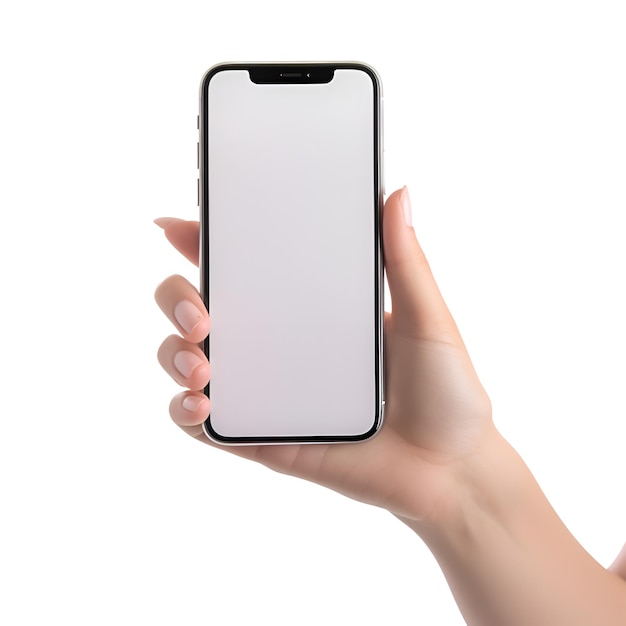 Female hand holding smartphone with blank screen isolated on white background clipping path