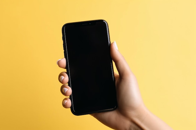 Female hand holding smartphone with blank screen isolated on yellow pastel background