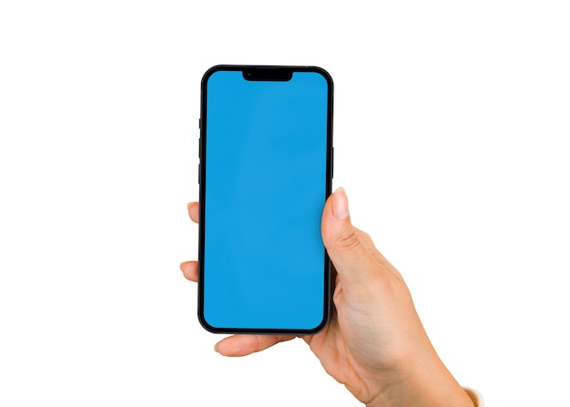 Female hand holding a smartphone with Chroma Key on the screen. White background and Blue screen.